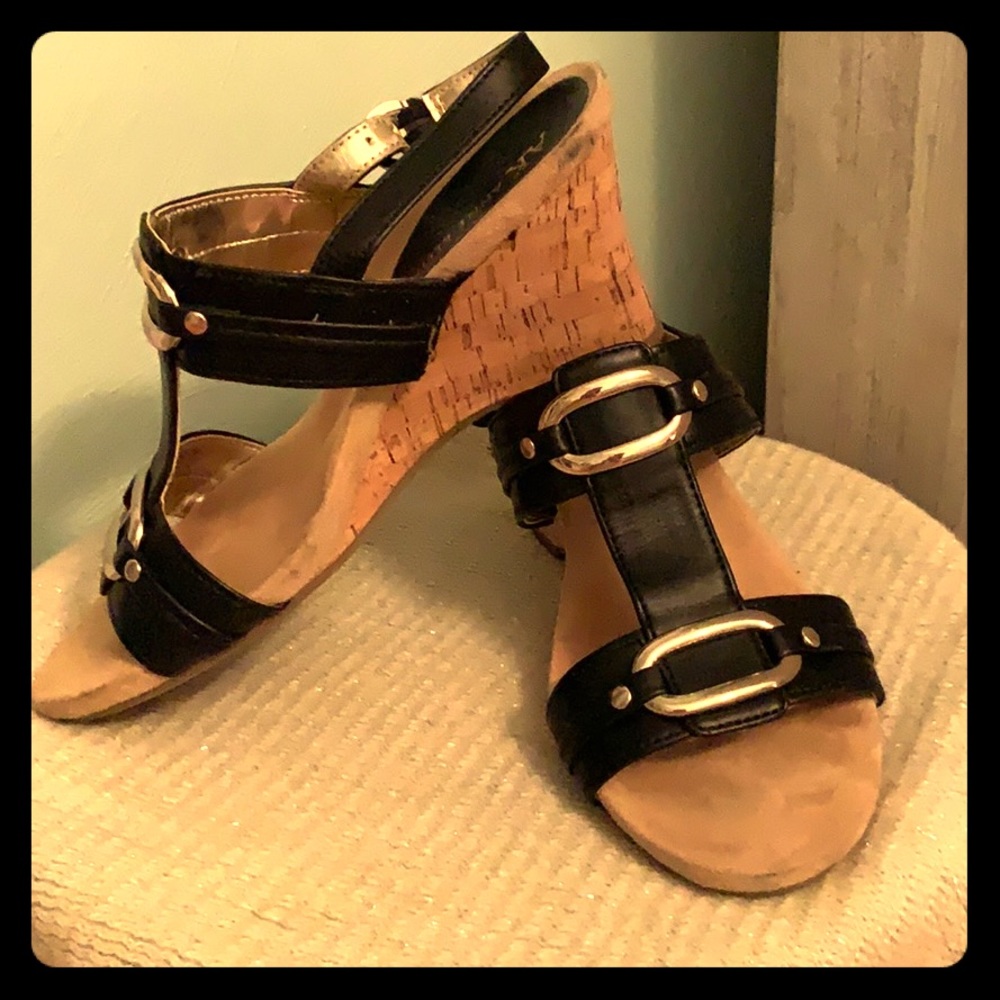 Anne Klein / gold accent cork wedge - Picture 1 of 7